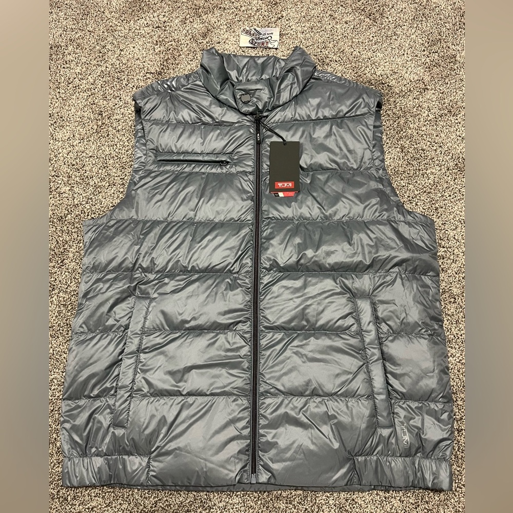 New Tumi Pax Vest Puffer Down Filled Blue Stone Grey Winter Coat L - XL
